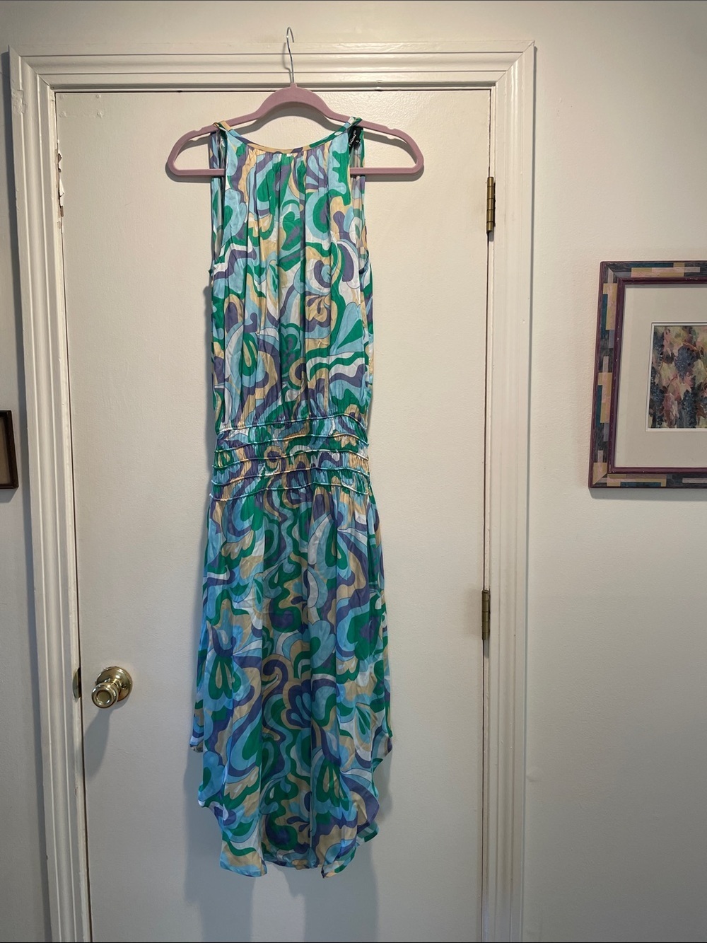 Tolani Multicolor Green Blue Swirl Smock Elasticized High-Low MIDI Dress